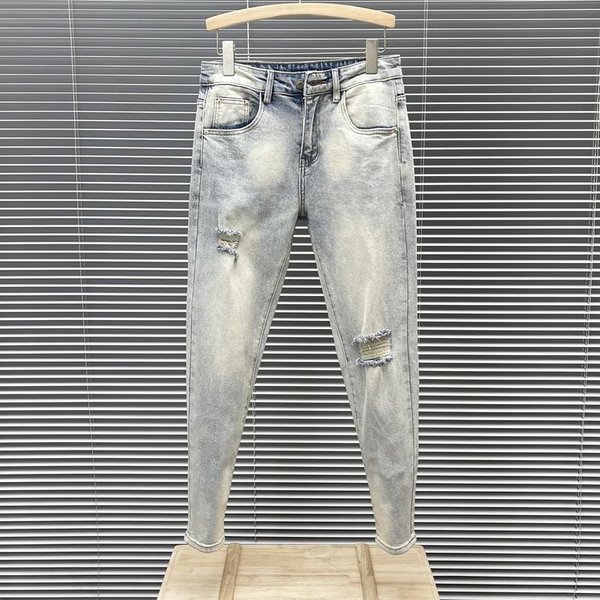 Men's Fashion All-Match Light Blue Ripped Jeans Men's Style Slim-Fit Skinny Pants Washed Elastic Nine-Point Pants-image