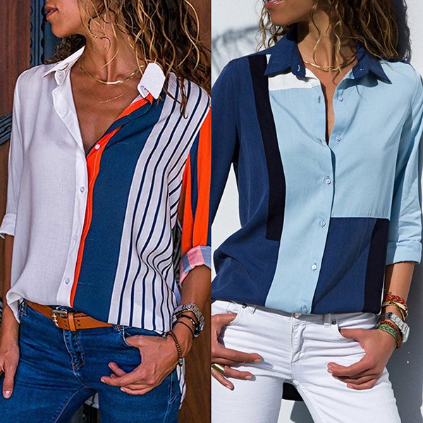 Women's Casual Printed V-neck Long Sleeve Chiffon Shirt Top