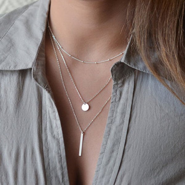New Copper Bead Chain Sequin Metal Strip Multi-Layer Necklace Creative Three-Layer Alloy Clavicle-image