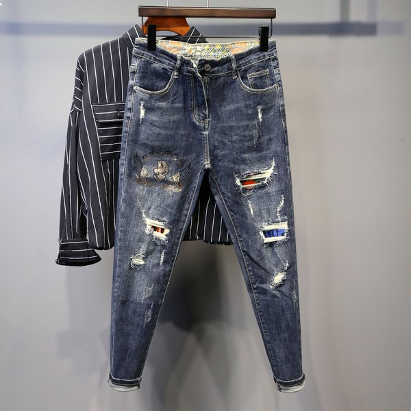 Men's Clothing Jeans New Korean Style Slim Fit Ripped Nine-point Pants Men's Trendy Brand Elastic Versatile Slim Fit Skinny Pants Trendy Trousers
