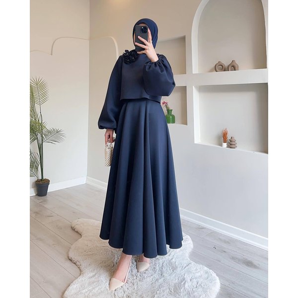 Middle East Dubai Spot 2024 New Fashion Loose Lantern Long Sleeved Flower Top Dress Women's Skirt Two Piece Set