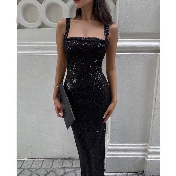Women's Clothing Square Neck Slim Sexy Backless Shoulder Strap Slit Beaded Sequin Evening Dress