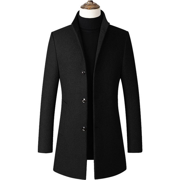 autumn and winter men's mid-length single-breasted windbreaker solid color simple stand-up collar woolen material coat