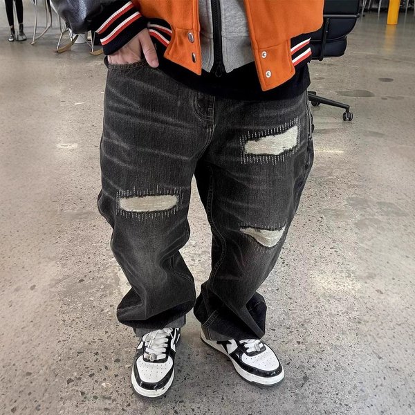 Men's Clothing Men's Loose Fit Ripped Patchwork Black Straight Leg Jeans Heavy Washed Autumn Winter Street Style Loose Fit Pants-image