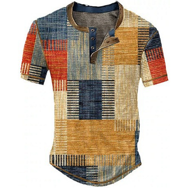 Men's Clothing T-Shirt Casual Digital Print Loose Short Sleeve Button Polo Shirt Henry Collar T-Shirt-image