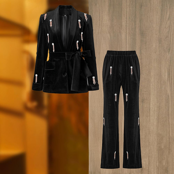 Women's Clothing Fashion Suit Green Fruit Collar Blazer Lace-Up Elastic Wide-Leg Pants Two-Piece Set-image