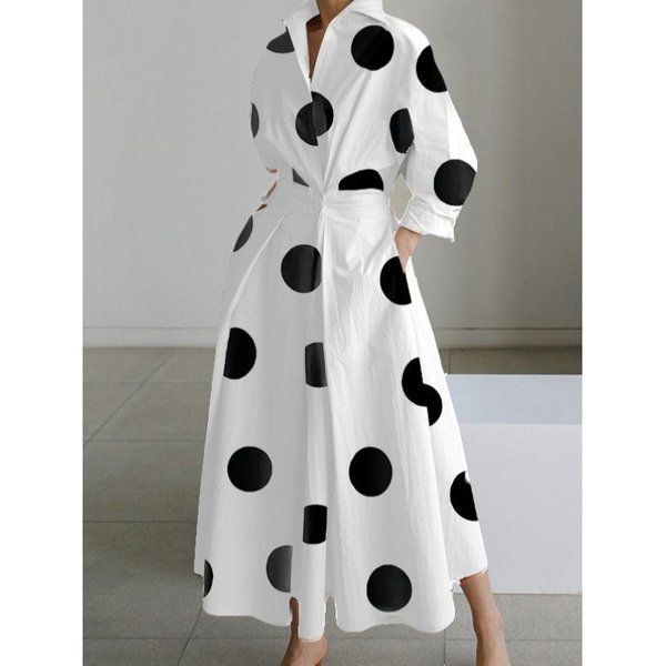 Autumn Fashion Long Sleeve V-Neck Print Dress Women's Polka Dot Temperament Long Skirt