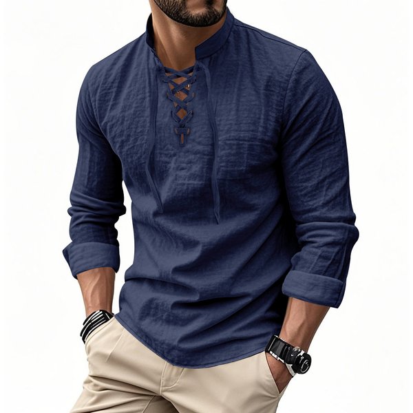 Men's Solid Color Long Sleeved Linen Shirt Henry Style Casual Beach Stand Collar Hippie American Clothing