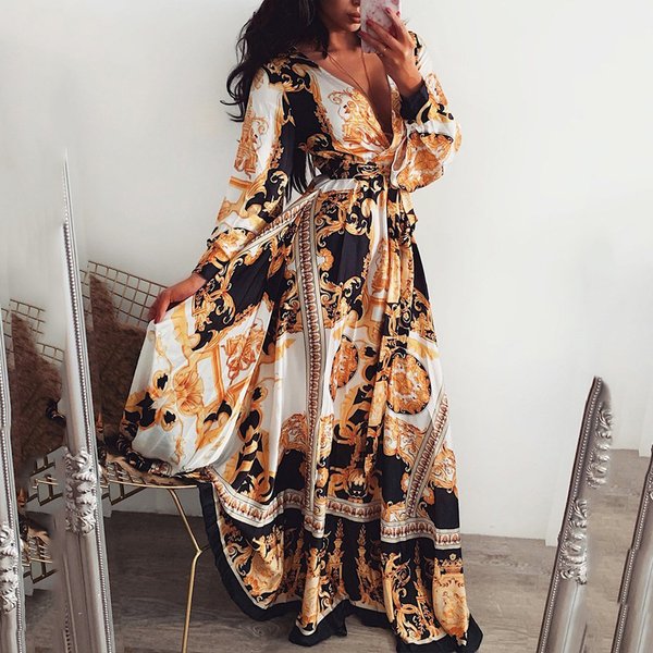 Women's Evening Dress Printed Dress V-Neck Pullover Retro Long-Sleeved Big Swing Slit Long Skirt-image