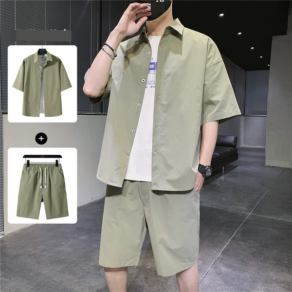 Men's Clothing Short Sleeved Shirt Shorts Trendy Suit Student Teenager Casual Two Piece Suit-image