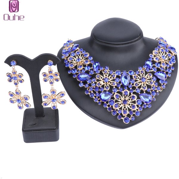 Women Bridal Rhinestone Crystal Flower Wedding Necklace Earring Jewelry Sets For Brides Formal Dress-image