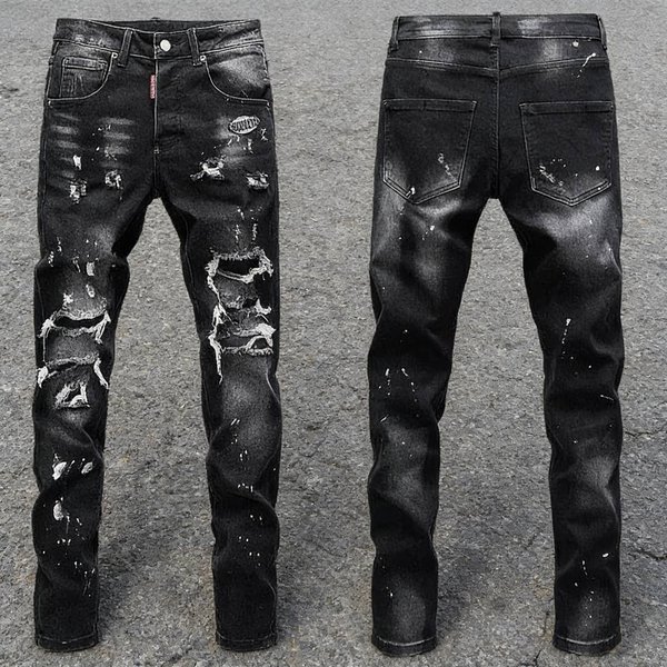 Men's Distressed Black Grey Slim Fit Jeans – Ripped & Washed Denim Pants With Stretch Comfort