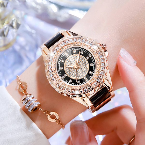 Watch For Women Ceramic Strap With Full Diamond Dial Quartz Ladies Fashion Watch Waterproof Stainless Steel Wristwatch-image