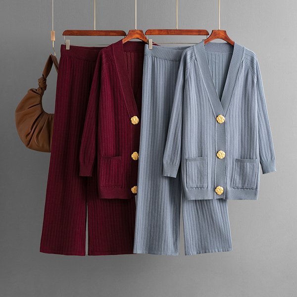 Cross-Border European And American Autumn Winter New Solid Color Loose Metal Button Cardigan Suit + Wide-Leg Pants-image