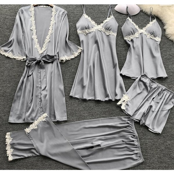 Women's Sleepwears Sexy Five Piece Pajamas For Women Summer Mid Sleeve Bridal Dressing Gown Large Size Home Wear Nightgown-image