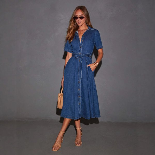 Robe Longue Vintage En Jean à Col En V Et Taille NouéE – Robe TrapèZe éLéGante De Style FrançAis Pour Femme-image