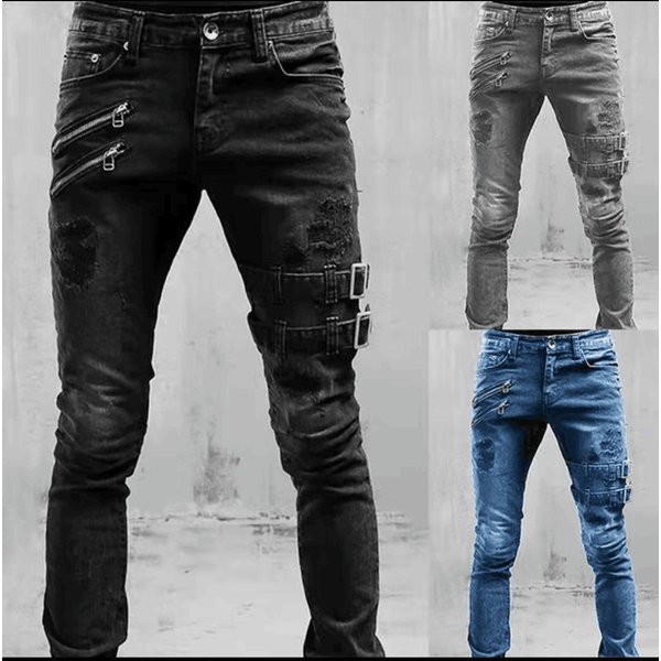 Men's Motorcycle Stretch Skinny Jeans-image