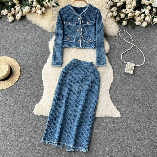 Women's Denim Suit Women's Raw Edge Short Denim Jacket + Slit Skirt Two-image