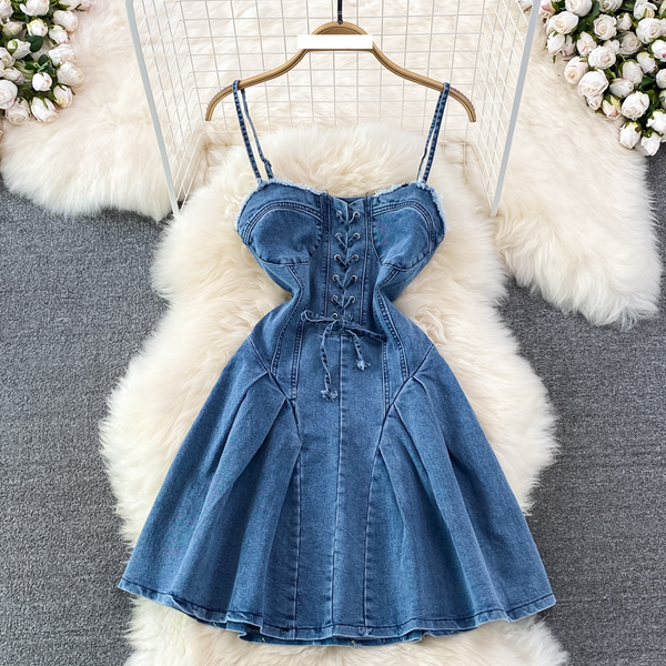 Women's Slimming Backless Sleeveless Sexy Sweet And Spicy Denim Suspenders A-Line Dress For Women-image