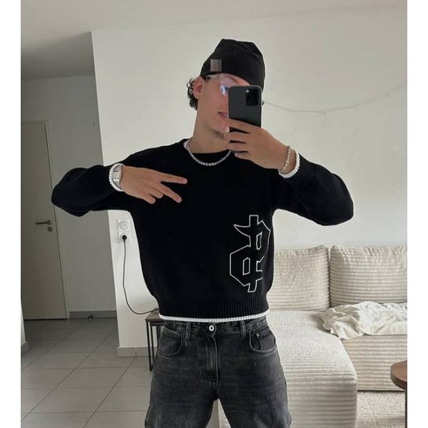 Men's Knitted Sweater High Street Harajuku Crew Neck Top Autumn Winter Thick Acrylic Embroidery Pattern New Trend 2025