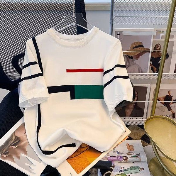 Men's Clothing New Knitted Short Sleeved T Shirt Men's Summer Thin Slim Breathable Trendy Jacquard Striped Youth Men's Tops-image