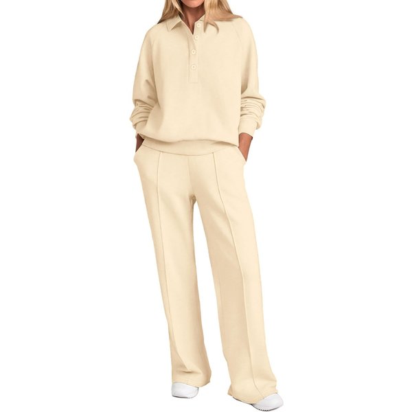 Relaxed V-Neck Top & Wide-Leg Pants Set – Breathable Polyester Lounge Outfit, Wrinkle-Free Comfort For Women-image