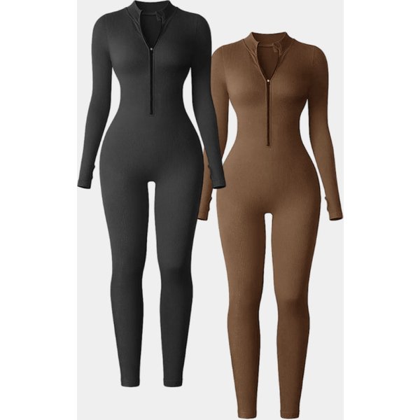 Women’S Clothing Threaded Half Zip Jumpsuit With Thumb Hole Long Sleeve Jumpsuit Hip Lifting Body Shaping Pants Small Stand Up Collar Jumpsuit-image