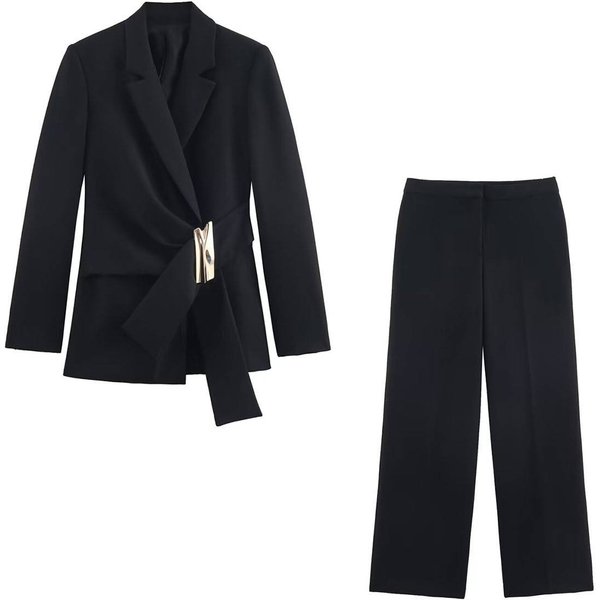 Women's Clothing ZARZ Buckle-Detailed Blazer & High-Waisted Straight Pants Set – Chic Office-to-Outfit Coordination