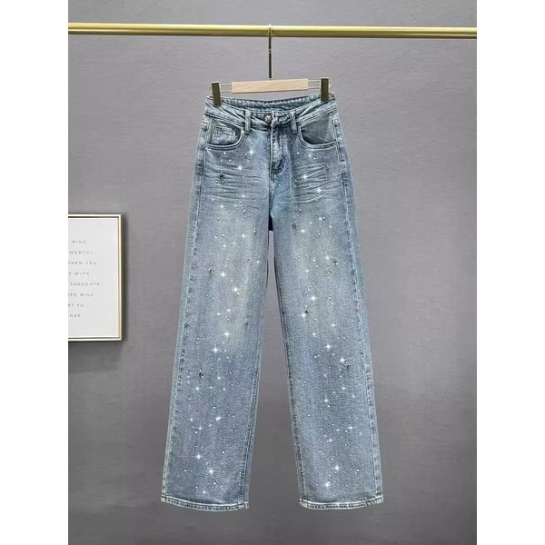 Handsome Heavy Duty Star Studded Hot Diamond Jeans For Women New Spring Style High Waist Loose And Slim All Match Straight Leg Floor Length Pants-image