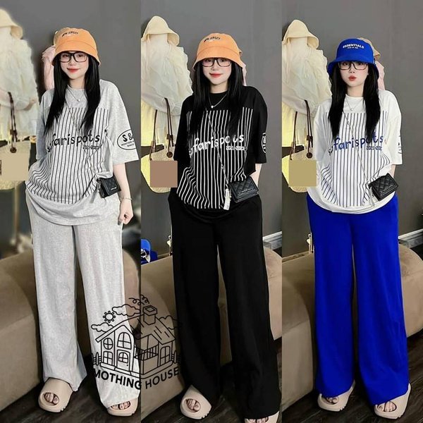 Women's Summer Striped Print Two Piece Set Wide Leg Pants Casual Plus Size Short Sleeve Top And Bottoms Ensemble
