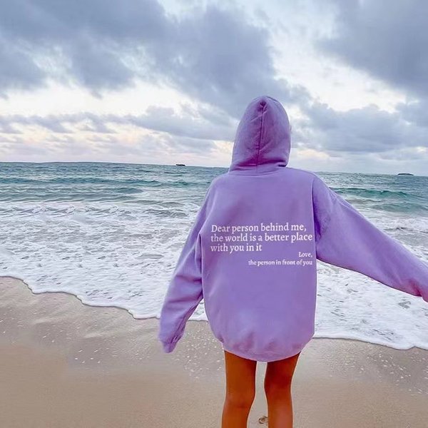 Women's Fleece Sweater Plain Color Letter Print Kangaroo Pocket Drawstring Print Hoodie-image