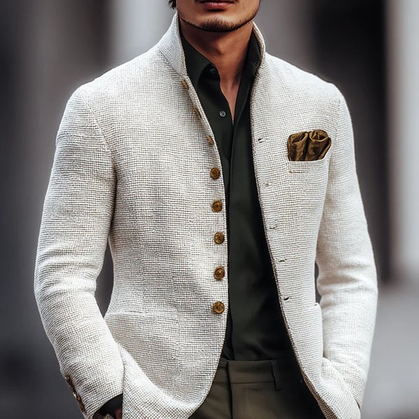 Men's Clothing Men's Slim Fit Stand Collar Jacket With Button Closure & Pockets, Casual Long Sleeve Blazer For Business & Daily Wear-image