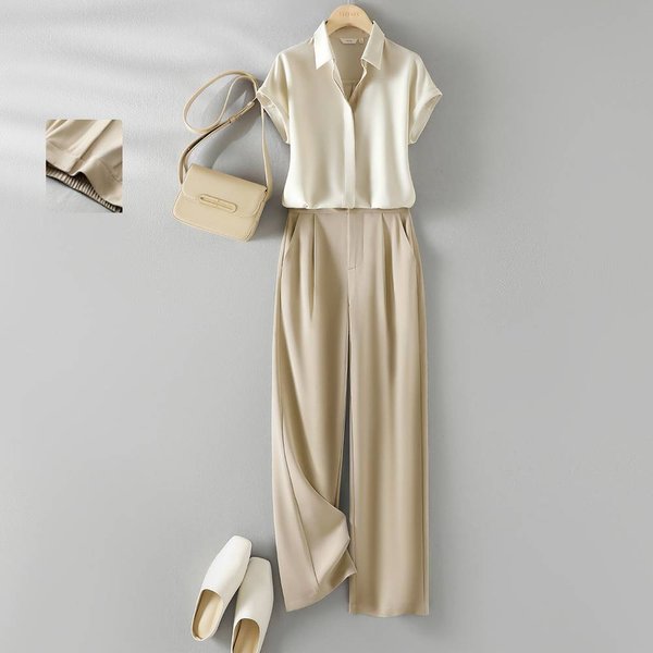 Women's Clothing Satin Shirt Casual Pants Two Piece Suit For Women Summer New Temperament Small Shirt Pants Suit-image