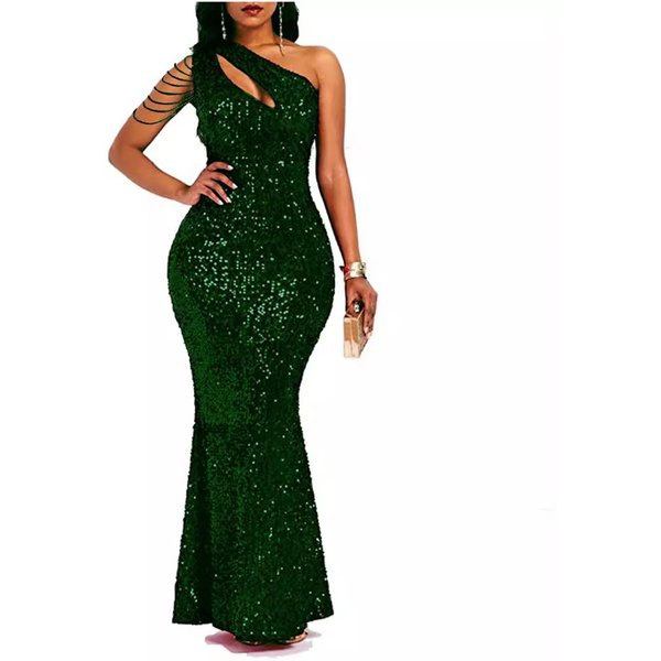 Women's Fashion Sequined One-Shoulder Solid Color Backless Fishtail Sequined Dress Evening Dress-image