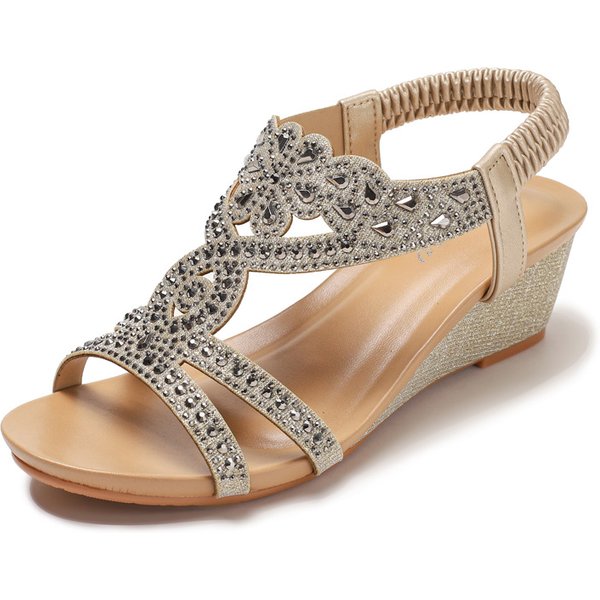 Wedge Fashion Sandals New Bohemian Style Retro Rhinestone Elastic Band Roman Shoes-image