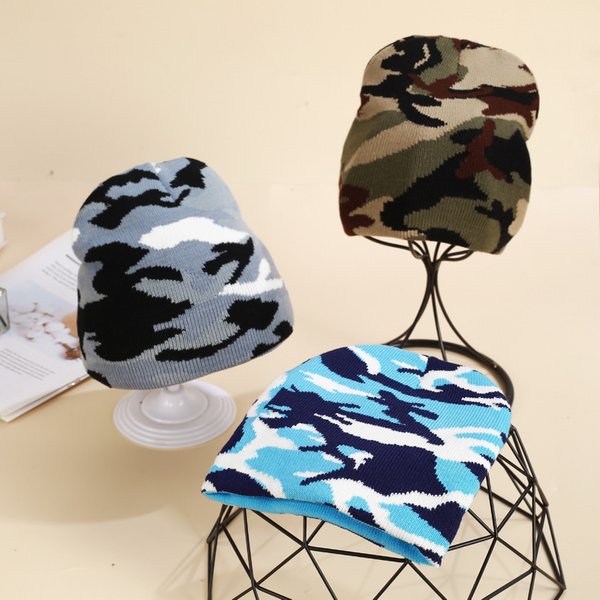 Camouflage Jacquard Knitted Hat Autumn And Winter Pullover Beanie Wool Hat Parent Child Pullover Hat Outdoor Ski Warm Hat-image