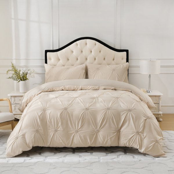 Embossed Floral Duvet Cover Set - Beige Pleated Textured Bedding 3-Piece With Pillowcases - Luxury Hotel Style Home Textile-image