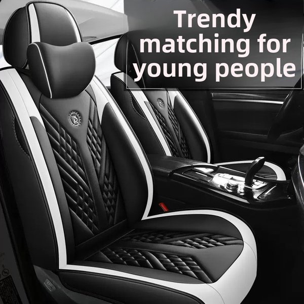 Fashion Sports Car Cushion Four Seasons Universal Full Surrounding High-End Leather Seat Cover Black And White Cushion Light Luxury Seat Cover-image