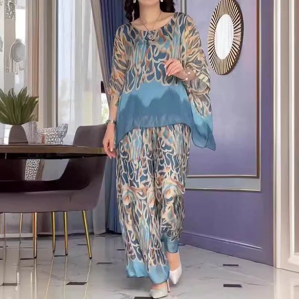 Women's Clothing autumn new fashion printed round neck loose wide leg pants casual two piece suit