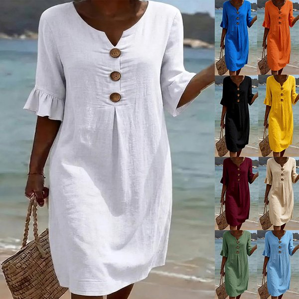 Summer Women's Solid Color Casual Short Sleeve Dress Button Detail Thin Material Elegant Fashion For American Sites
