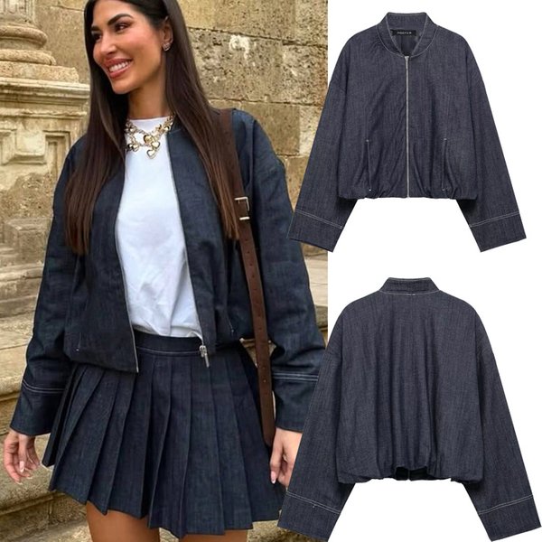 Women's Spring And Autumn New Fashion Zipper Stand Collar Denim Bomber Jacket-image
