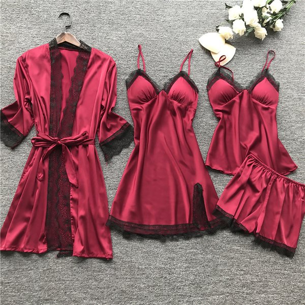 Cross Border Pajamas Female Sexy Pajamas Four Piece Korean Version Suspender Pajamas Female Home Clothes With Chest Pad Nightgown 2103-image