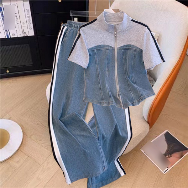 Women's Clothing Stylish And Slim, Denim Splicing, Contrasting Colors, Casual Straight Pants, Popular Two Piece Suits-image