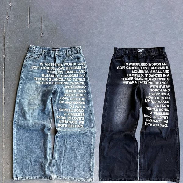 Men's Clothing 2026 Cross Border Street American Retro Hip Hop Loose Baggy Letter Print Jeans Men-image