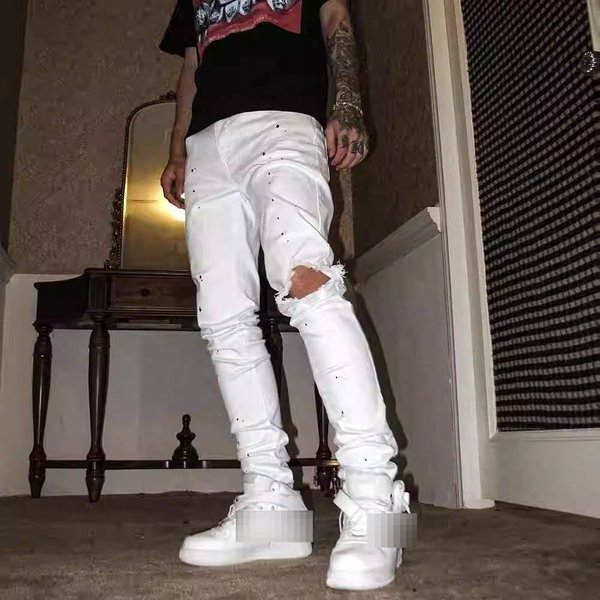 Men's Distressed Ripped Jeans – Slim Fit With White Splatter Paint Design (S-3XL)