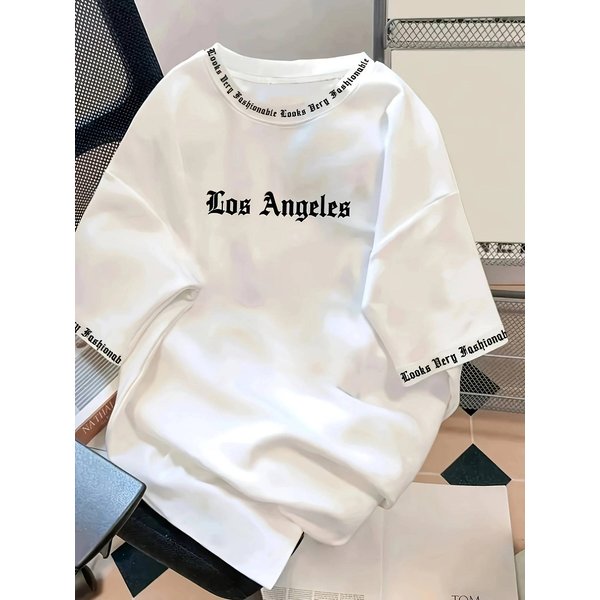 Letter Printed Round Neck T-Shirt Soft Short Sleeves-image