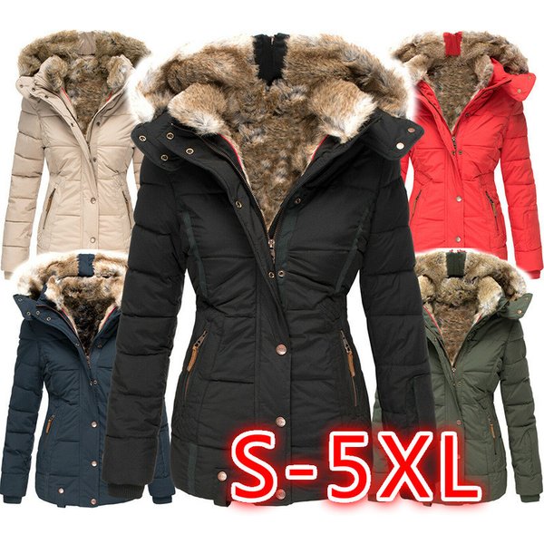 Women's Winter Warm Faux Fur Trim Hooded Zip-Up Long Sleeve Slim Fit Cotton Coat W128 - Pink, Red, Black, Army Green, Blue, Beige-image