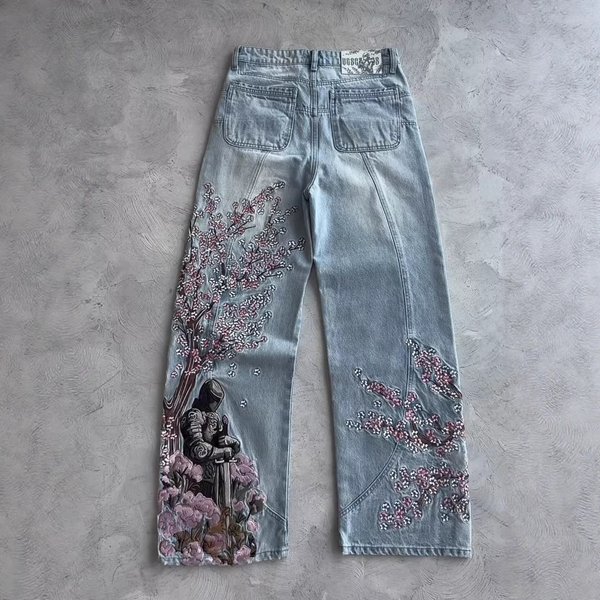 Men's Clothing Cross Border Retro Heavy Duty Floral Embroidered Wide Leg Jeans For Men And Women, High Street Fashion Trousers.
