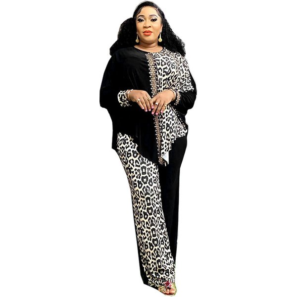 Women's Leopard print and solid color bat top and trousers suit