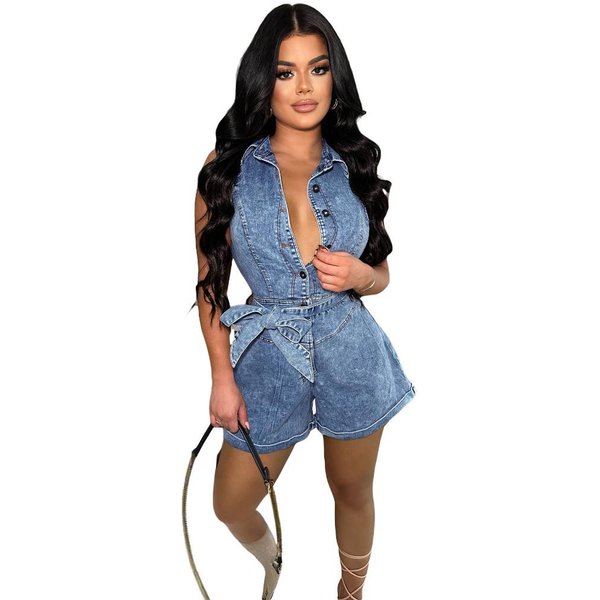 Women's Clothing Sleeveless Tight Waist Slim Elastic Washed Denim Jumpsuit Jumpsuit Short
